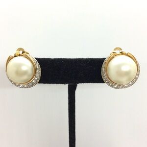 VINTAGE PANETTA MCM RHINESTONE FAUX PEARL CABOCHON CLIP ON EARRINGS GOLD TONE